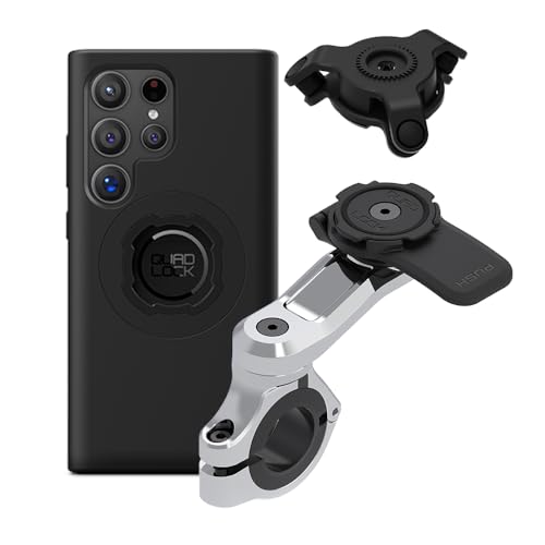 Quad Lock Motorcycle Handlebar Phone Mount PRO Chrome with Vibration Dampener and MAG Phone Case for Galaxy S24 Ultra