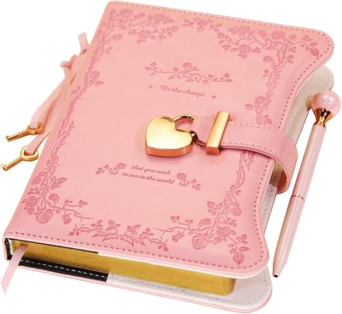 UODERS Tagebuch mit Schloss für Mädchen 360 Goldschnitt-Seiten nachfüllbar im B6-Format inkl. Stift und Lesezeichen-Rosa