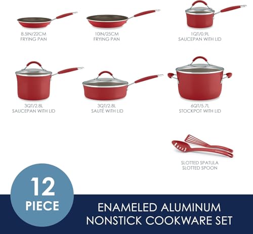 Image of Rachael Ray Cucina Nonstick Cookware, Cranberry Red Pots and Pans Set, 12-Piece
