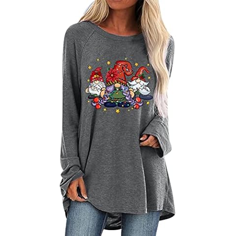 LindoMaker Women Leather Blouses Christmas Tops for Women Long Sleeve Elk Gnome Sweatshirts Crewneck Loose Fit Fall Winter Tunic Tops(Grey,L) Cover