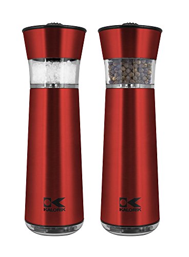 Kalorik Electric Gravity Salt and Pepper Grinder, PPG 43639 CP, Automatic Stainless Steel Spice Grinder Easy Tilt and Grind, Red