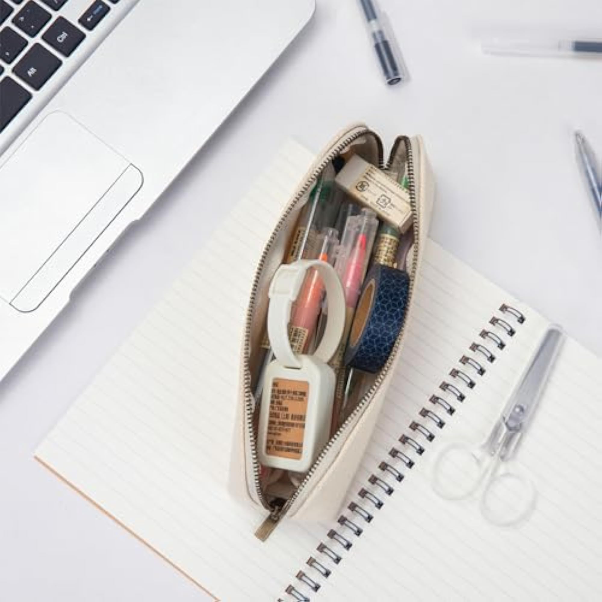Beige Canvas Small Pencil Pouch, Slim Design