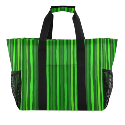 Green Stripes Reusable Grocery Bags Large Tote Bag Waterproof Canvas Organizer for Beach Picnic Laundry Travel