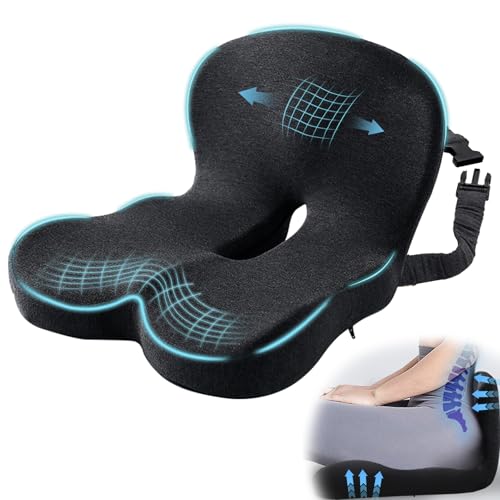 Mosxoed Seat Cushion for Truck Driver, Memory Foam Truck Seat Cushion with Adjustable Strap – Ergonomic Back Support & Sciatica Relief for Long Drives, Semi Truck Accessories, Dark Gray