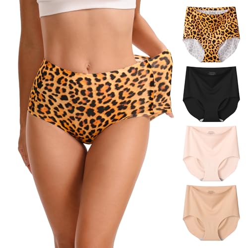 INNERSY Women's Seamless High Waisted Underwear No Show Panties Lightweight Full Coverage Briefs 4-Pack(2X-Large, Leopard Blend)