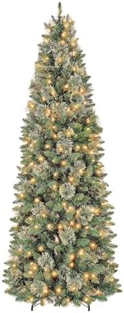 Hykolity 6 ft Prelit Pencil Slim Christmas Tree with 200 Warm White LED Lights, 544 PVC Branch Tips, Metal Stand and Hinged Branches