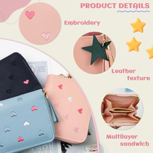 3 Pcs PU Leather Women Small Wallet with Zipper, Cute Slim Coin Purse with Star Pendant, Solid Color Wallet with Card Slots (Multicolor)3