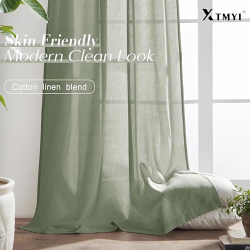 Image of XTMYI Sage Green 90 Inches Long,50 Inches Wide Country Curtains for Living Room,Sheer Linen Curtains for Bedroom