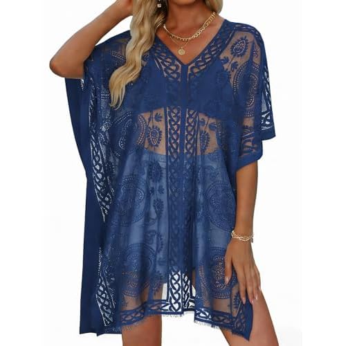 Womens Lace Bathing Suit Cover Up V Neck Swimsuit Coverup Summer Swim Coverups Loose Bikini Beach Dress (Navy Blue)