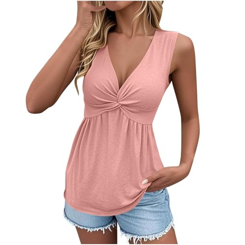 Women's Tank Top Twist Front Sleeveless Peplum Summer Tops Deep V Neck Fitted Casual Vacation Tunic Shirts Pink