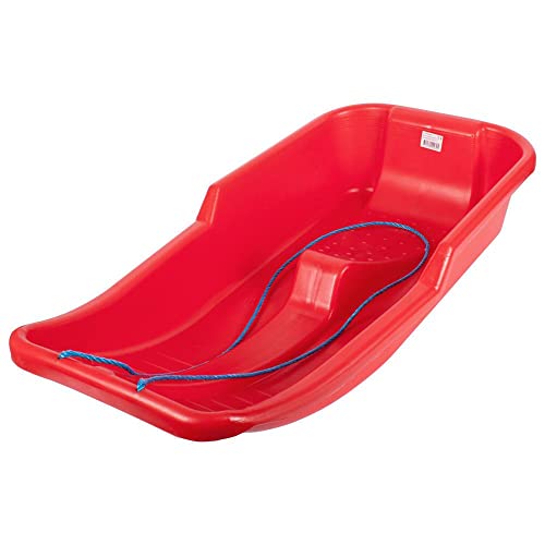 BARGAINS-GALORE - Heavy Duty Snow Sledge - For Adults, Winter Toboggan Sleigh Sled With Rope | Plastic Ski Board, Pull Strap - Skateboard for Outdoor Snow, Skiing Board, Speeder, High-Performance (RED SLEDGE)