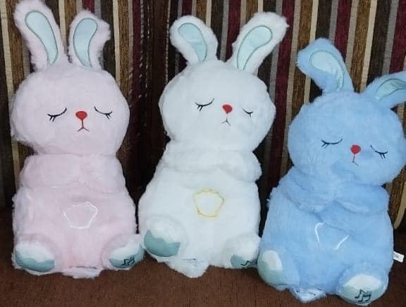 Image of Rabbit Sleeping Breathing Teddy with Music and Light Soft Toy for Girls Huggable Heart beat Plush Toys for Kids & Babies Cuddly Animal Stuff Huggable Gifts for Toddlers Blue 32 cm