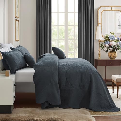 Image of Oversized King Bedspread 128x120 Extra Wide, Embossed Paisley Quilt Set King /Cal King, Lightweight Reversible Coverlet, Scalloped Edge - Deep Classic Look, 5 Piece, Polar Night