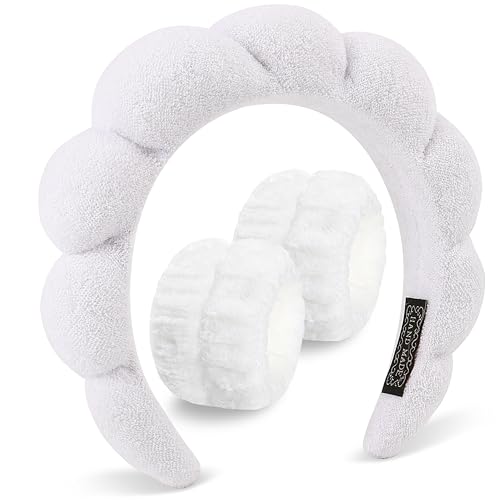 DOMMARE Spa Headband For Washing Face Wristband Set, Skincare Makeup Headbands For Women, Bubble Make Up Headbands Teen Girl Gifts, Terry Cloth Puffy Hairband Get Ready Hair Accessory(White)