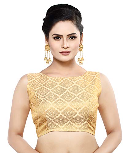 Madhu Fashion Womens Banaras Brocade Readymade Stitched Sleeveless Saree Blouse (32, Gold)