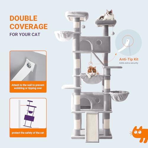 Image of Allewie 81 Inches Tall Cat Tree /Multi-Level Large Climbing Tree House and Towers for Big Feline /Condo and Hammock /Scratching Post /Wide Base /Grey