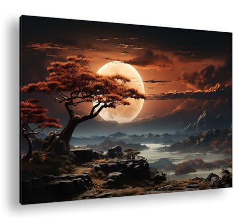 deyoli Leinwandbild Goldener Mond leuchtet über einer mystischen Landschaft. Format: 120x80cm (3Teilig) XXL Kunstdruck Bild auf Holzrahmen/Wandbild/Wohnzimmer Dekoration