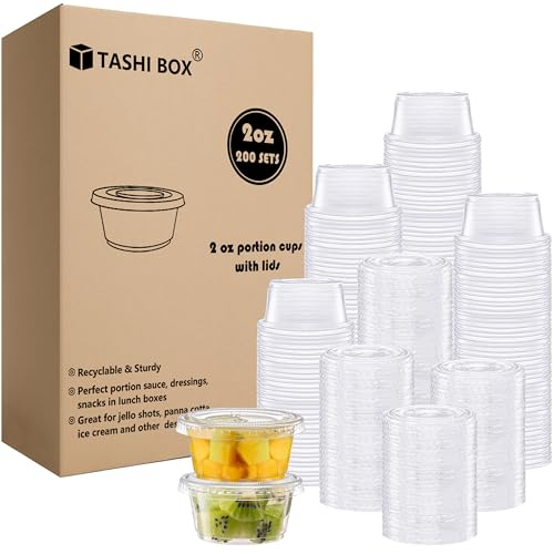 TashiBox Plastic Portion Cups with Lids [2 Ounce 200 Sets] Disposable Plastic Cups for Meal Prep Salad Dressing Jellos Shot Cups Souffle Cups Condiment & Dipping Sauce Cups