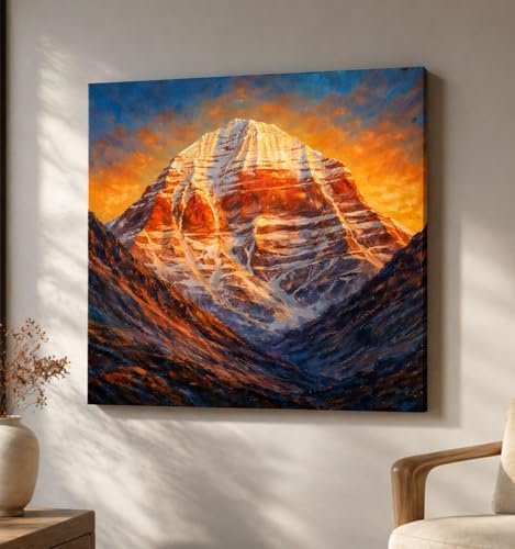 Image of Kunj Cart Mount Kailash Painting | 10+ DESIGNS | Kailash Parvat Canvas Painting for Living Room, Temple Home & Office Wall Decoration (Mount Kailash Canvas Painting, 18x18 Inch, Framed)