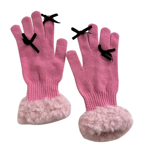 WEISUYUUS Winter Knit Gloves with Small Bowknot Decor Couple Full Finger Gloves Thicken Outdoor Cycling Skiing Gloves Keep Warm