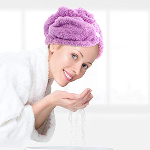 Lurrose Toalha de Cabelo de Lã Coral Envolve Com Botão para Mulheres Cabeça de Turbante de Secagem R