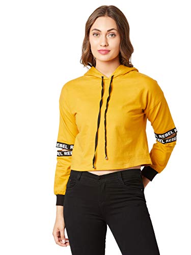 Image of Miss Chase Women's Mustard Hooded Full Sleeves Solid Boxy Drawstring Cut-Out Crop Sweatshirt