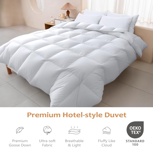 Luxury Goose Feather Down Comforter Oversized Queen Size 850+ Fill-Power, Fluffy and Cozy Oversized Queen Down Duvet Insert with 1000T 100% Cotton, All Season Medium Warmth Down Comforter