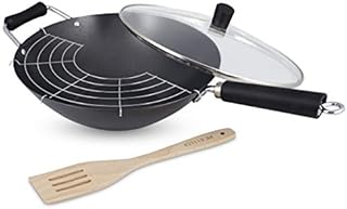 Ken Hom KH431041 zestaw patelni typu wok ze stali węglowej, 31 cm, Excellence, do kuchenek indukcyjnych z pokrywką, kratką do odkładania i akcesoriami, nadaje się do mycia w zmywarce