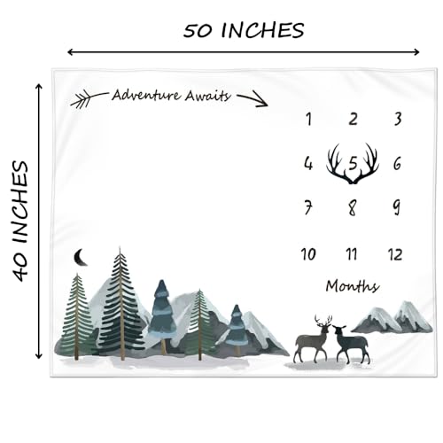 Milestone Blanket for Baby Boy – Monthly Baby Blanket, Growth Tracker for Newborn, Woodland Nursery Decor, Mountain Adventure Theme, Includes Felt Frame, 50x40 Inches