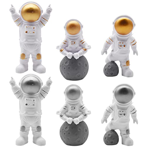 Regerly Figura de Astronauta, 6PCS Adornos de Astronauta Figura Decorativa de Astronauta Decoración De Pastel De Astronauta Cake Topper Decoración de Tartas Decoración de Escritorio Oro Plata Cover