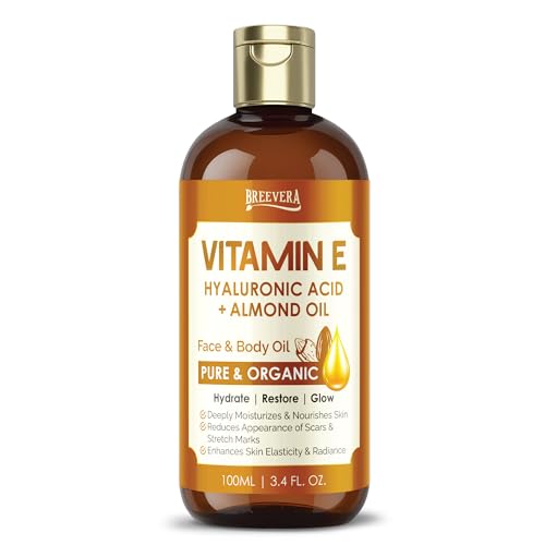 BREEVERA Vitamin E, Hyaluronic Acid & Almond Oil Face & Body Oil – Hydrate, Restore & Glow, Moisturizes Skin, Reduces Scars & Stretch Marks, Enhances Elasticity, 100ml | 3.4 fl. oz.