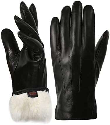OCXMME Very Warm Mens Rabbit Fur Leather Gloves for Men Touchscreen Texting Driving Gloves Black Large