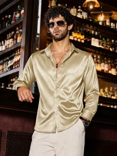 Vssjavun Men's Satin Dress Shirt Shiny Button Down for Party Club Disco — view 3