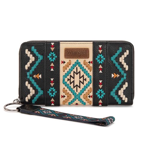 Image of Montana West Wrangler Women's RFID Blocking Wristlet Wallet, Western Style Wrist Strap, Zipper Pocket, Card Holder, Coin Purse. WG2214-W006BK