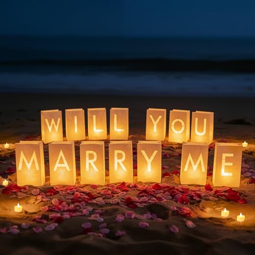 Image of Will You Marry Me Light Up Letters Luminary Bags, Marry Me Sign Banner, Romantic Proposal Decoration Kit with 30PC Bright LED Candles and 2000PC Fake Rose Petals
