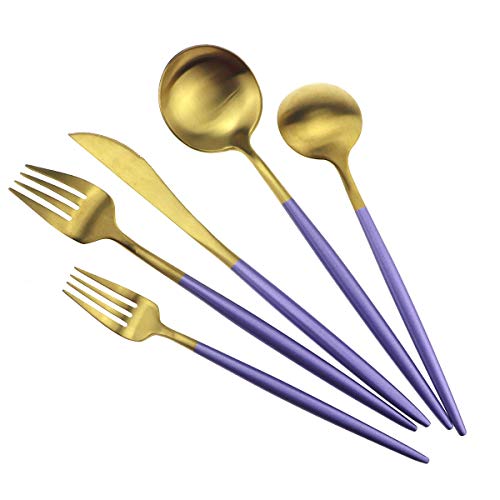 Gugrida Purple Gold Flatware, Royal 5 Piece Matte Purple Handle 18/10 Stainless Steel Tableware Sets For 1 Including Forks Spoons Knives, Camping Silverware Travel Utensils Set Cutlery (Purple Gold) #TOP4
