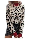 BEAUDRM Women's Y2k Leopard Sweaters Cheetah Long Sleeve Mock Neck Pullover Knit Tops Knitwear Khaki and Red Large