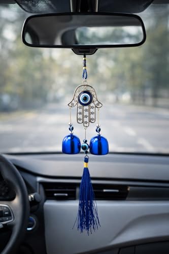 Image of Decorative Wind Chime for Home | Wooden House with Bells Colourful Beads | Positive Energy Balcony Living Room Hall Garden Home Decor (Hand Evil Eye)