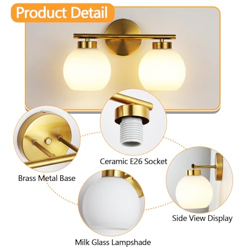 Image of 2 Light Bathroom Vanity Light, Gold Bathroom Light Fixtures Over Mirror, Mid Century Modern Wall Sconce with Frosted Globe Glass Shades, Brass Vanity Light, E26 Socket