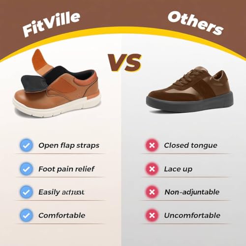 Image of FitVille Diabetic Shoes for Men Extra Wide Comfortable Leather Walking Shoes Hook & Loop Orthopedic Dress Sneakers for Edema and Swollen Feet