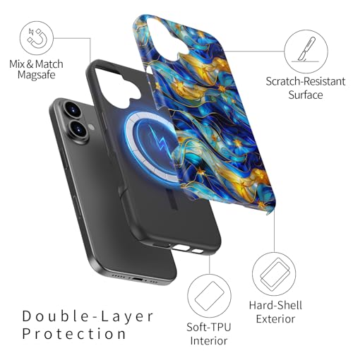 Image of Goodon for iPhone 16 Plus Case Cute - Wireless Charging Compatible - Dual-Layer Hard Shell + Silicone Cover - Protective Phone Case with Trendy Designs for Women - Abstract Bule Gold Water | Dual-Layer Hard Shell + Silicone, Slim Fit Protective Phone Cover with Wildflower Designs for Women Girls