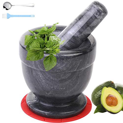 Mortar and Pestle Marble Set for Spices Pestos Seasonings Pastes Guacamole Bowl Herb Grinder Easy to Clean Included:Silicone Mat,Brush,Stainless Steel Spoon 4.33inch(Small,Black Gray)