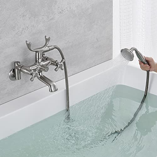 Hanallx Clawfoot Tub Faucet Wall Mount Tub Filler Brushed Nickel Vintage Bathtub Faucets Brass With Telephone Shaped Handheld Shower #TOP4