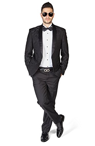 Slim Fit 1 Button Shawl Satin Collar Floral Jacket Tuxedo Black Pants by AZAR 17144
