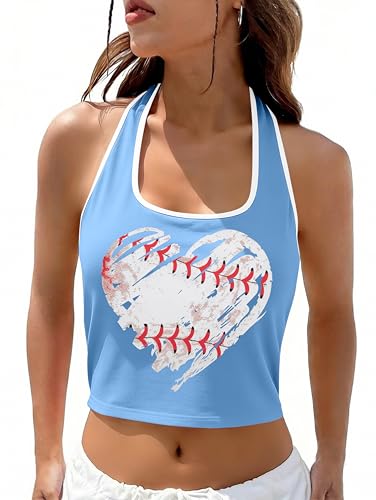 Baseball Crop Top Women Baseball Heart Halter Sleeveless Streetwear