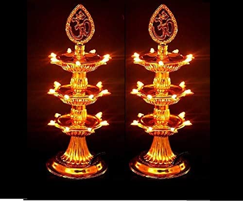 Indian Electrical Led Diya Light Lamp Multi-Layer OM Design Golden Deepak for 3 Layer Led Light Lamp for Pooja Decor Home Temple Mandir Office Festival Decoration (Pack of 2, 21 Led, 25 x9 x9 cm)