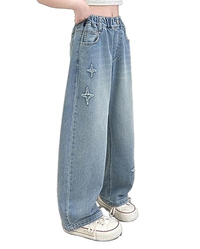 Viatabuna Kids Girls Star Patch Jeans Elastic High Waist Loose Light Wash Wide Leg Denim Pants Cute Baggy Trousers2