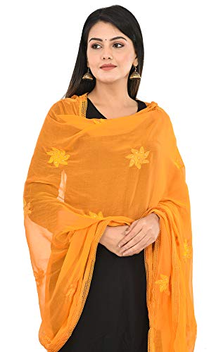 Image of YOUTHQUAKE Flower Embroidered Diamond Work Chiffon Dupatta for Womens & Girls With 4 Side Lace