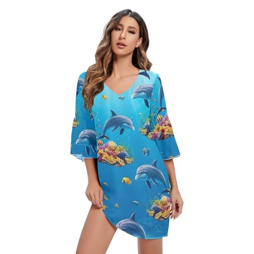 Robe d'été en mousseline de soie dauphins finitions soignées imprimé haute définition