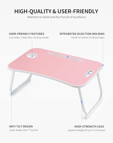 Image of ZEAPTAC Laptop Bed Desk, Foldable Lap Desk, Portable Lap Table, Laptop Stand with Cup Holder, Tablet Slot & Lifting Handle for Work, Write, Draw & Eat on Bed, Sofa or Couch - Pink